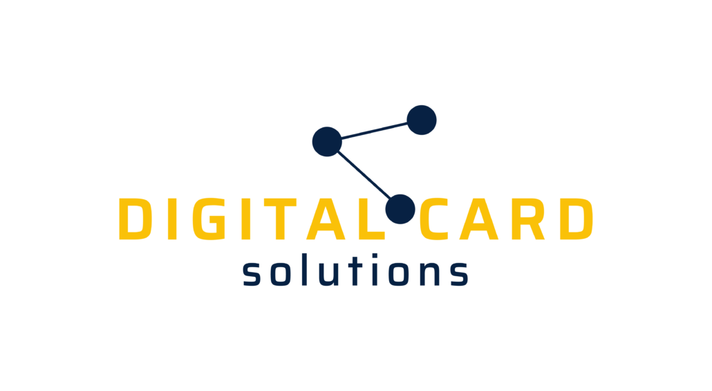 Das Logo der Digital Card Solutions GmbH besteht aus 3 Synapsen in dunkelblau. Darunter sehen Sie den Schriftzug Digital Card in gelb und Solutions in dunkelblau.