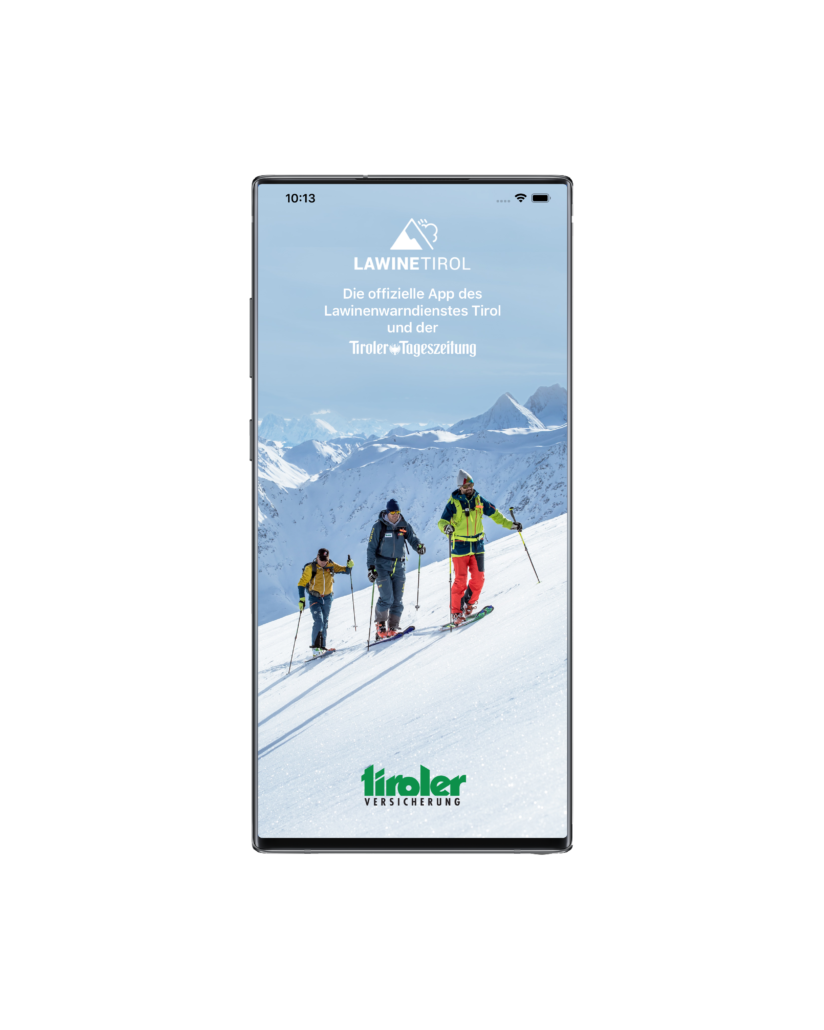 Grafik eines mobilen Devices mit dem Startscreen der Lawine Tirol App, um zeit- und ortsunabhängig die aktuelle Lawinenwarnstufe zu prüfen.