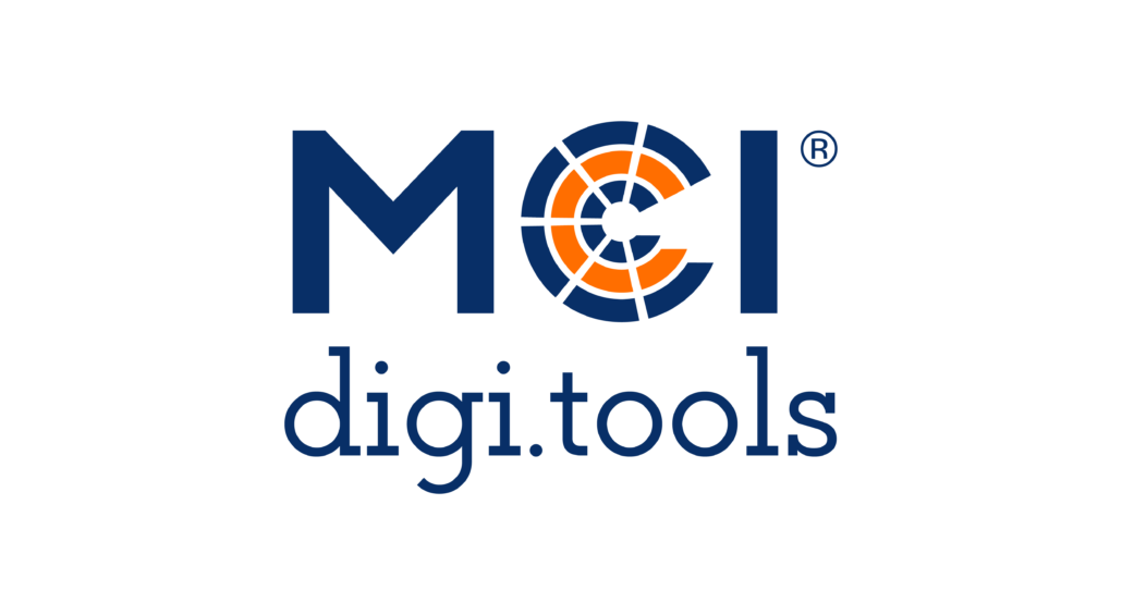 Das MCI digi.tools Logo kombiniert die bestehende Wortmarke MCI mit dem Schriftzug digi.tools. Farblich stehen die MCI-Farben orange und dunkelblau im Vordergrund.