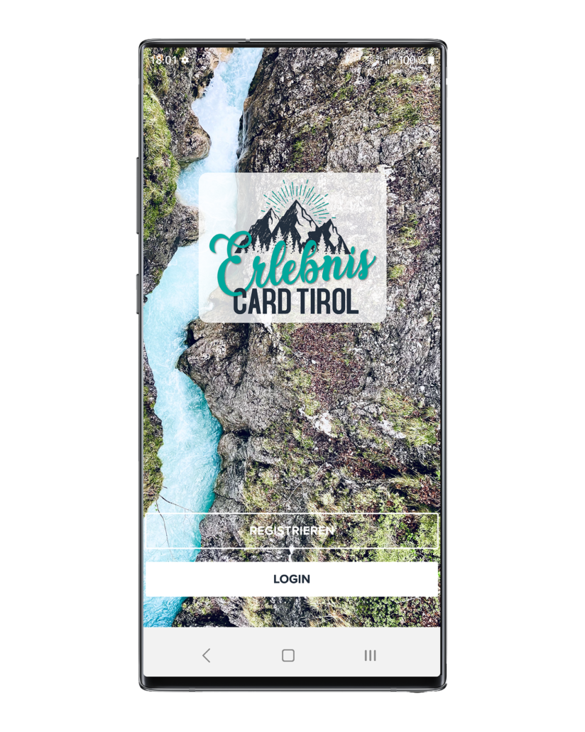 Grafik eines mobilen Devices mit dem Startscreen der ErlebnisCard Tirol App, mit welcher jeder Nutzer zahlreiche, großartige Attraktionen in Tirol entdecken kann.