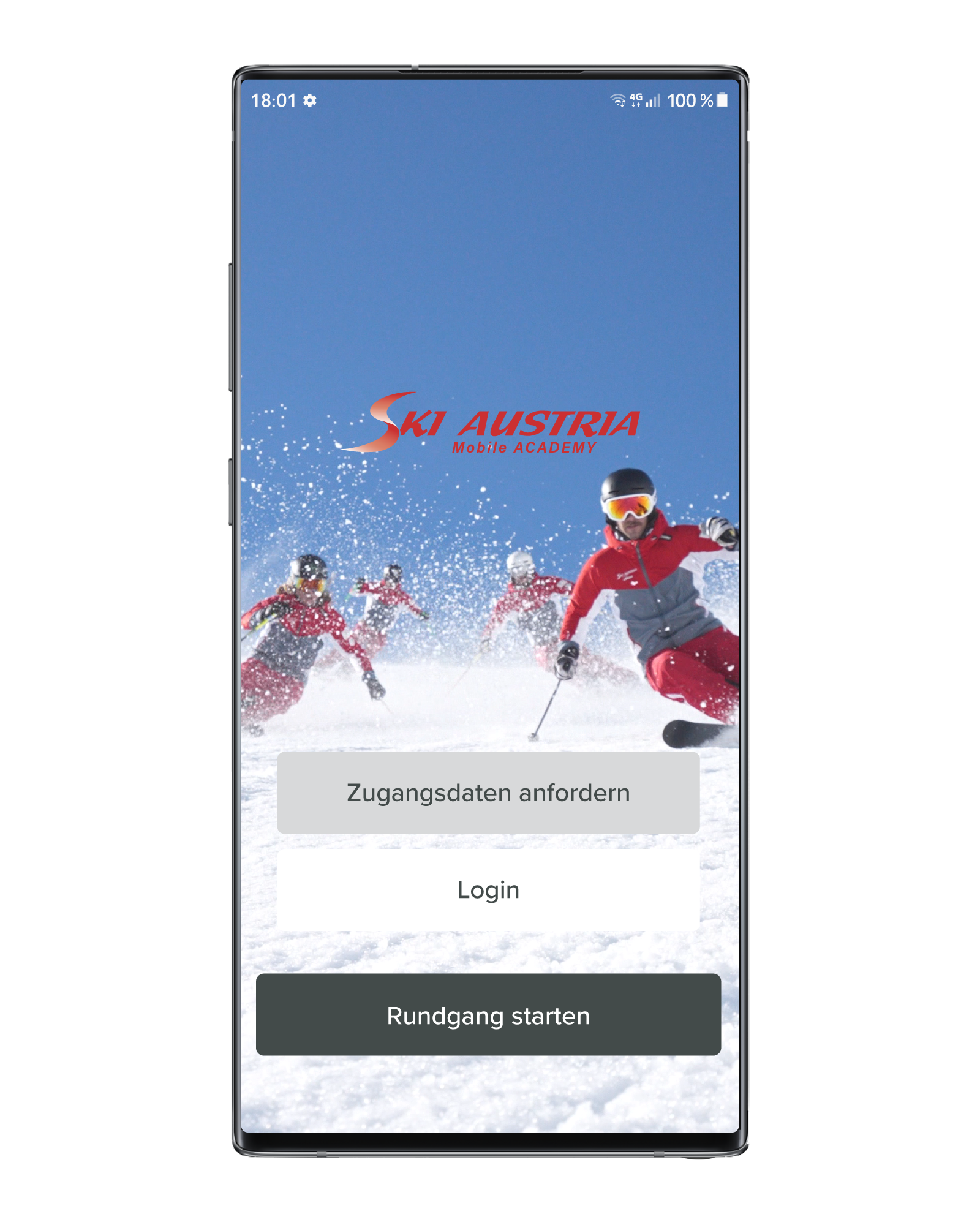 Grafik eines mobilen Devices mit dem Startscreen der LernappSki Austria Mobile Academy - ein digitales Training des österreichischen Skilehrwegs.